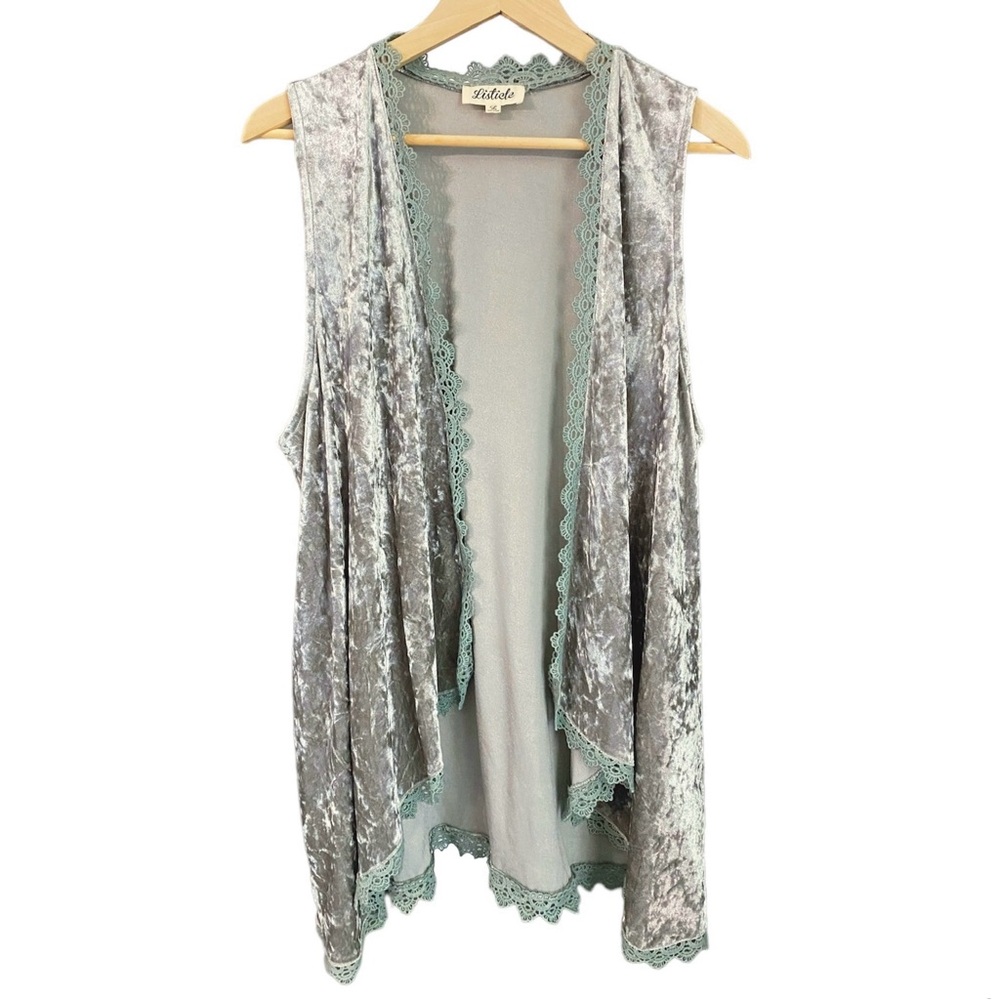 Listicle Lace Trimmed Crushed Velvet Vest Grey with Muted Turquoise Detailing